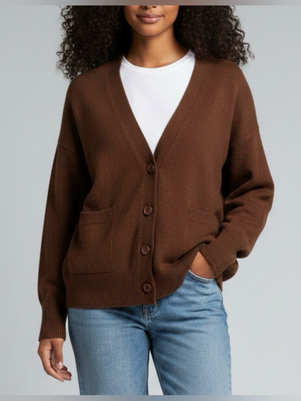 525 America 100% Cashmere‎ Blend V Neck Cardigan Sweater Brown Slouchy Preppy M